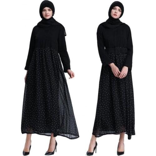 Dress Abaya Kaftan Close Your Waist Black Long Sleeve Womens Longuette With Dot Chiffon Stitching To Ankle Arabian Robe
