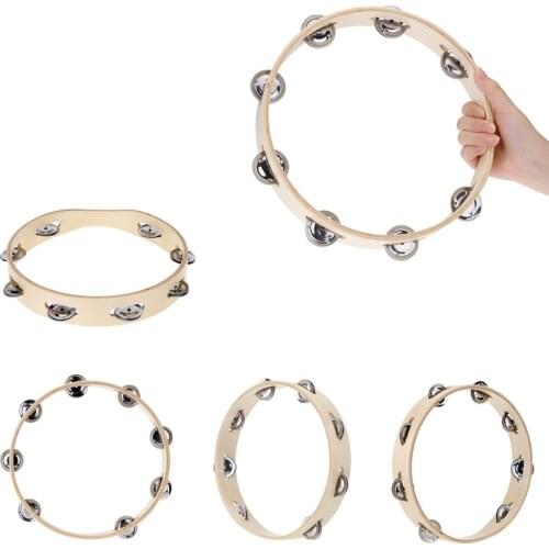 10" Hand Held Wood Headless Tambourine Bell with Metal Single Row Children Educational Musical Toy