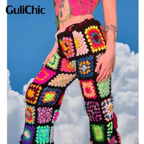 7.20 GuliChic Fashion Women Hand Crocheting Hollow Out Casual Lace-Up Knitted Long Pants