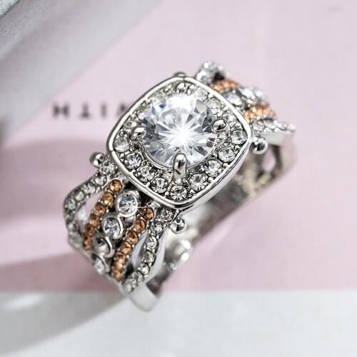 Two-tone Crystal Wedding Rings For Women Elegant Rhinestone Shiny Bridal Ring Jewelry Trendy Ladies Engagement Rings Party