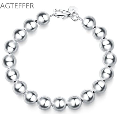 AGTEFFER 925 Sterling Silver 10mm Hollow Smooth Beads Bracelet For Women Fashion Wedding Engagement Party Charm Jewelry