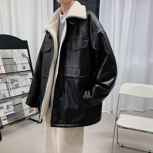 Mens Leather Coat Loose Warm Wool Lining Thick Outwear Big Pockets Black J9