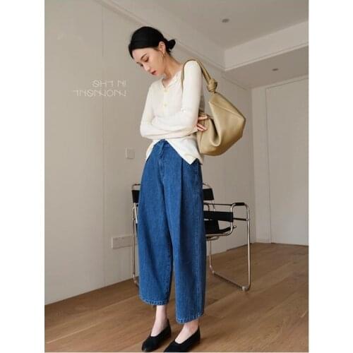 TINT ERA Korean Fashion Autumn Style Retro Washed Blue Three-dimensional Fashionable Silhouette 9-point Jeans Banana Pants Y2K