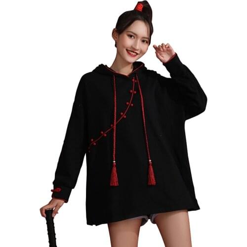 Fleece Women Long Hooded Sweatshirt Black Solid Casual Drawstring Pullover Hoodies 2020 Winter Long Sleeve Chinese Style Tops