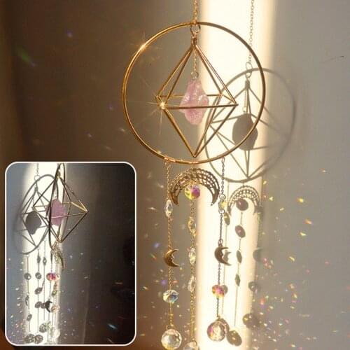 Crystal Wind Chime Star Moon Sun Catchers Windchimes Plated Colorful Beads Hanging Drop for Outdoor Indoor Garden Decor Craft