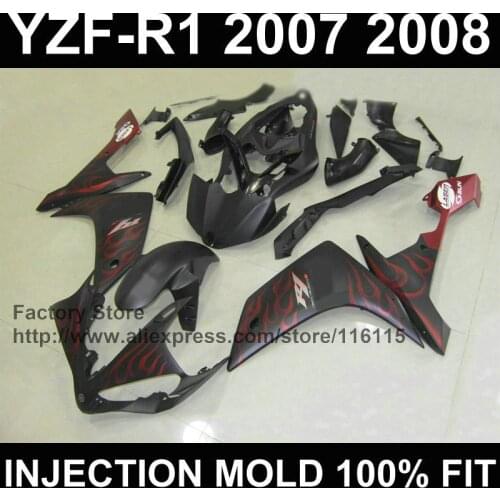 Road motorcycle injection ABS fairings kit for YAMAHA 2007 2008 YZF R1 R1 07 08 red flame matte black fairing kits+tank cover