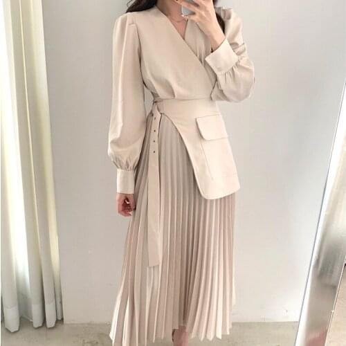 Korea Chic V-neck Cross Belt false Pleated Long Blazer Dress Long Sleeve Spring Work Dress