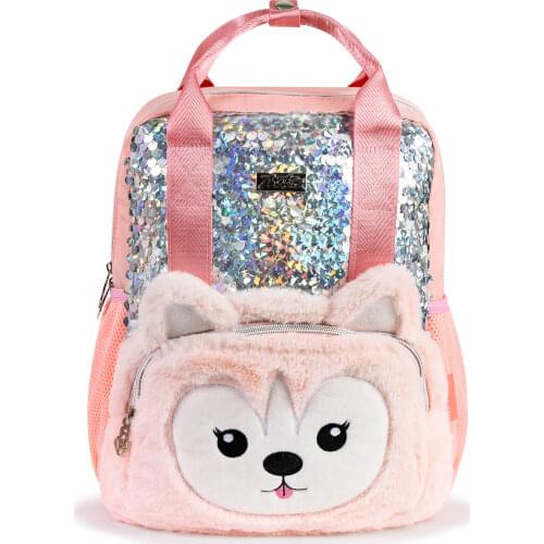 Cute Plush Backpack for Girls Boys Cartoon Dog Sequins Kids Book Bag Children Portable Schoolbag