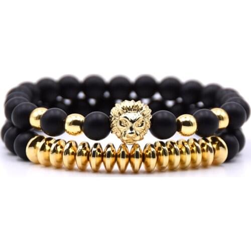 2PCS/set Trendy CZ Lion Head with Crown Bracelets 8mm black Stone Beads bracelet Men Jewelry pulseira