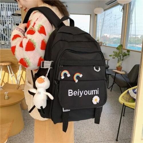 Harajuku Fashion Womens Backpack Trend Letter Print School Bags For Girls Nylon Large Capacity Travel Backbags