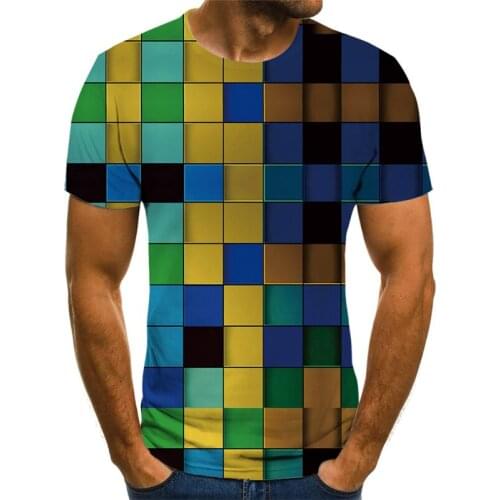 Geometric pattern mens summer casual top 3D short sleeve fashion round neck large size street short sleeve square pattern
