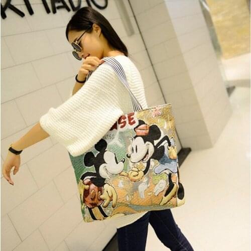 Disney Mickey knitted handbag shoulder pack Backpack large capacity shopping bag canvas cartoon stitch bag