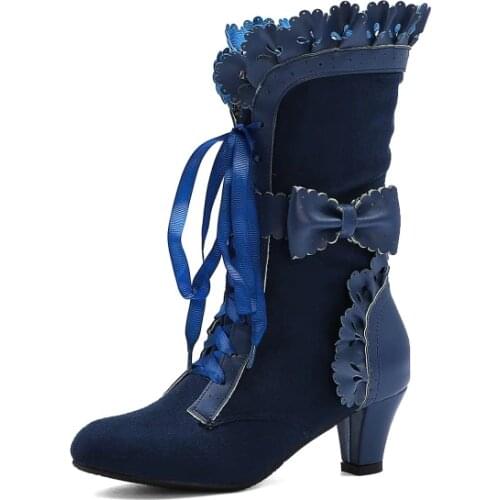 New Women Shoes Boots Autumn Winter vintage Shoes Lace-up Boots High Heel Boots Blue Wine Red Black Boots for Women