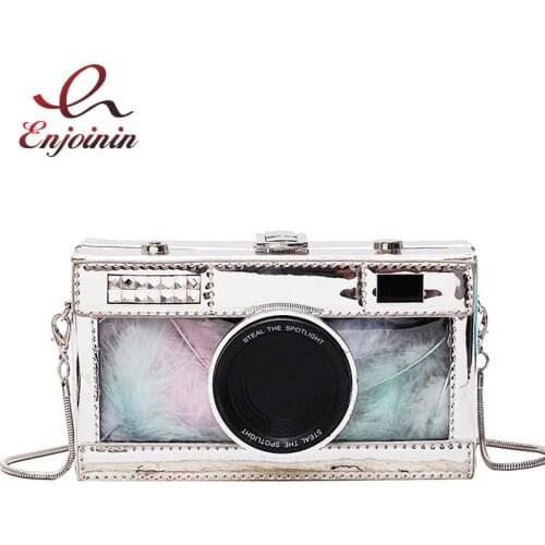 New Camera Design Transparent Colored Feathers Pu Leather Ladies Chain Purse Daily Clutch Shoulder Bag Tote Women Pouch Handbag