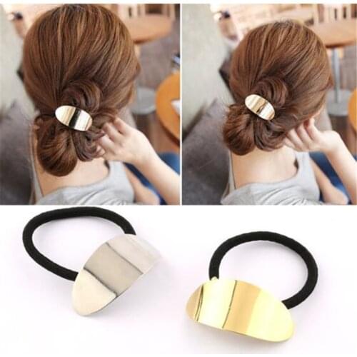 Women Metal Hair Ties Leaf Ponytail Holder Vintage Hair Accessories Bright Shiny Alloy Leaves Elastic Rubber Bands Rope Ring