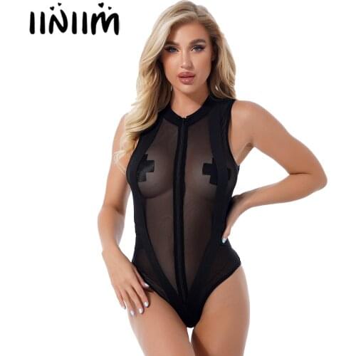 Sexy Womens Zipper Front Catsuit Clubwear Lingerie See Through Sheer Mesh Bodysuit O Neck Elastic Band Patchwork Sexy Clothing