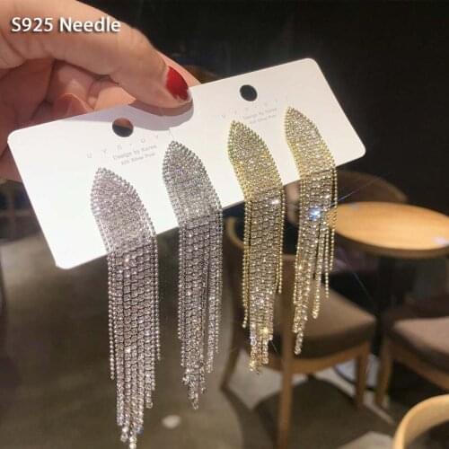 925 Sterling Silver Needle Long Dangle Drop Earrings for Women Jewelry Bling Rhinestone Gold Female Tassel Earrings Bijoux