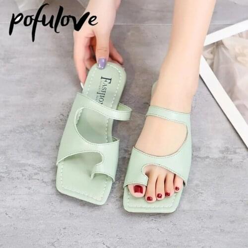 Pofulove Women Flip Flops Summer Slippers Square Toe Flats PU Leather Fashion Design Shoes Female Sliders Zapatos Luxury Sandals