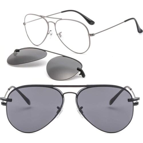 Metal clip on aviation sunglasses Large size optical glasses frame with megnatic removable polarized sun glasses lenses 33054