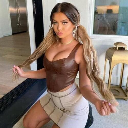 PU Leather Camis Corset Women Sleeveless Back Zip Up Bralette Crop Top Sexy Backless Tank Party Club Streetwear Female Clothes