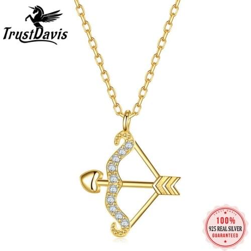 TrustDavis Real 925 Sterling Silver 14K Gold Plated Cupid Arrow Love Pendant Clavicle Chain Necklace Women Party Jewelry L053