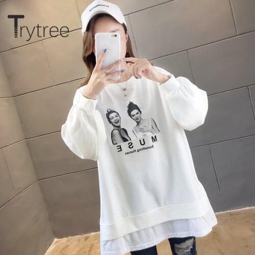 Trytree 2020 Autumn Winter Woman Casual Sweatshirt O-neck Character Letter Patchwork Fashion All-Purpose Style Long Sweatshirt