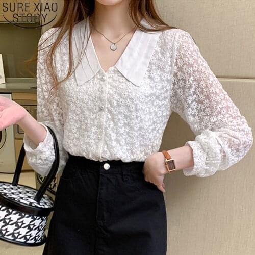 Floral Long Sleeve Tops Korean Chic White Lace Blouse Women Elegant Crochet Embroidery New Spring 2021 Fashion Shirts 13981