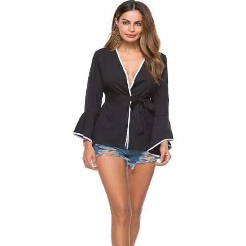 COLDKER women shirt casual tops for ladies long sleeves v neck spring autumn female clothing with belt