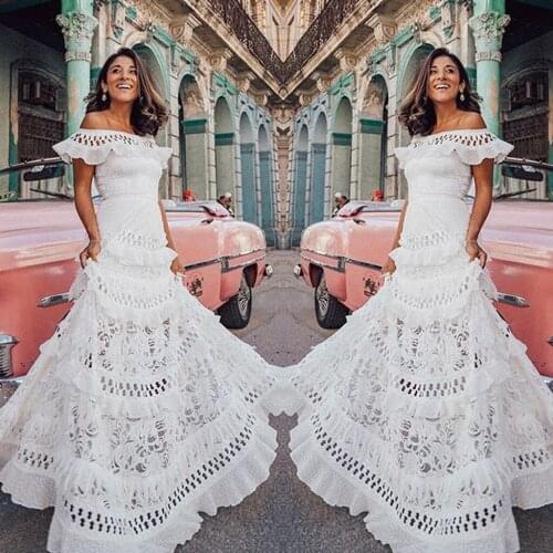 Boho Women Dresses Summer Holiday Lace Hollow Out Sundress Solid Maxi Dress Off The Shoulder Elegant Vestidos Largos #G2