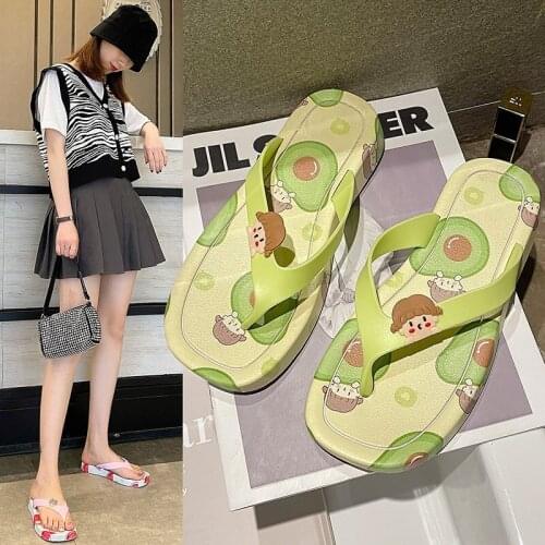 2021 Summer Outdoor Beach Flip Flops for Women Cute Print Watermelon Strawberry Avocado Women Slippers Flat Non-slip Shoes