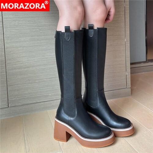 MORAZORA 2022 Genuine Leather Boots Women Buckle Sqaure Heels Knee High Boots Autumn Winter Zipper Chelsea Boots Ladies Shoes