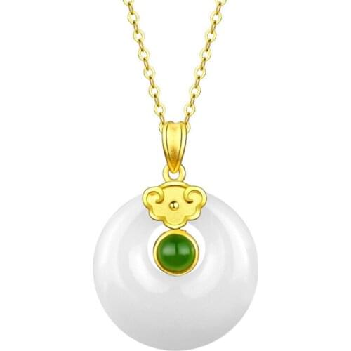 KOFSAC New Silver Color Necklace Jewelry Luxury Gold Lotus White Jade Good Luck Buckle Pendant Necklaces For Women Anniversary