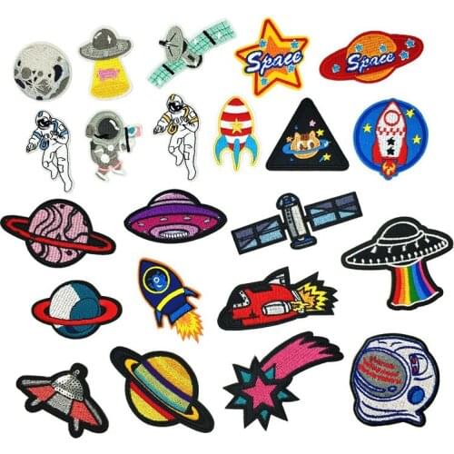 22 Styles) 1 PCS Space Planet Patches for Clothes Iron on Appliques DIY Stripes Embroidery Sticker Badges Rocket Astronaut UFO