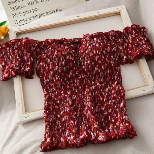 6 Colors Print Stretchy Flower Shirt Summer Sweet Ruffles Slash Neck Cropped Blouses With Pads Women Padding Crop Tops For Girls