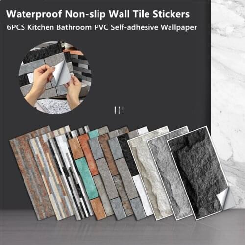 6Pcs Waterproof Imitation Brick Wall Tile Stickers Kitchen Bathroom PVC Self-adhesive Wallpaper