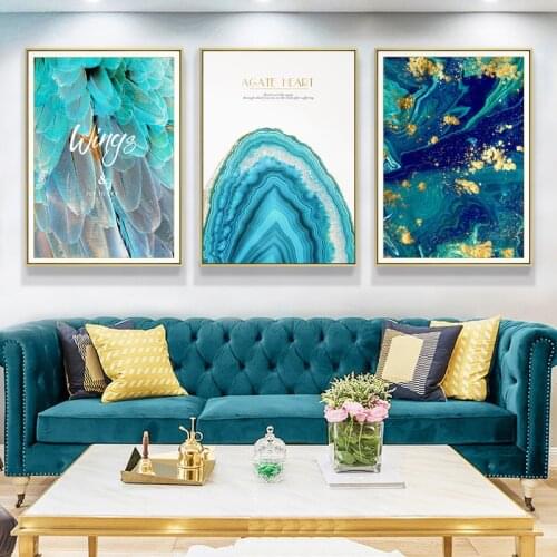 Abstract Canvas Painting blue Feather Poster Wall Paintings Blue Green Wall Art Picture for Living Room Fashion Tableaux Decor
