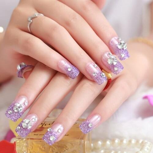 Purple Color Shining Rhinestone Wedding Bride Fake Nail 3D Glitter Party Artificial Nails With Glue New Design Nail Art Tips