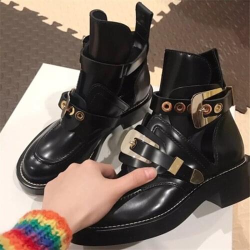 Med High Heel Ankle Boots for Women Leather Botas Mujer Retro Martin Boot Buckle Decor Booties Shoes Woman Brand Military Boots