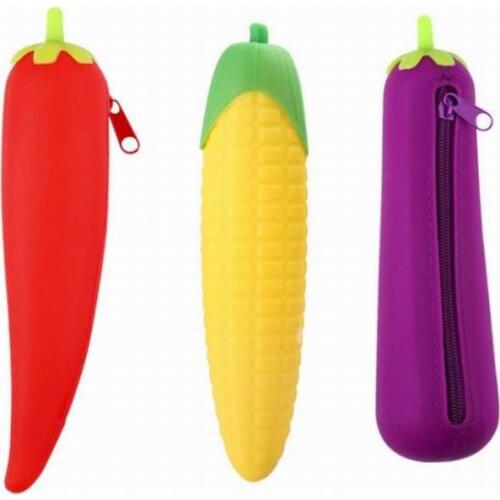 New Large Capacity Zipper Eggplant Peas Bean Pod Corn Shaped Pencil Case Creative Silicone Pen Bag Student Pencil Bag