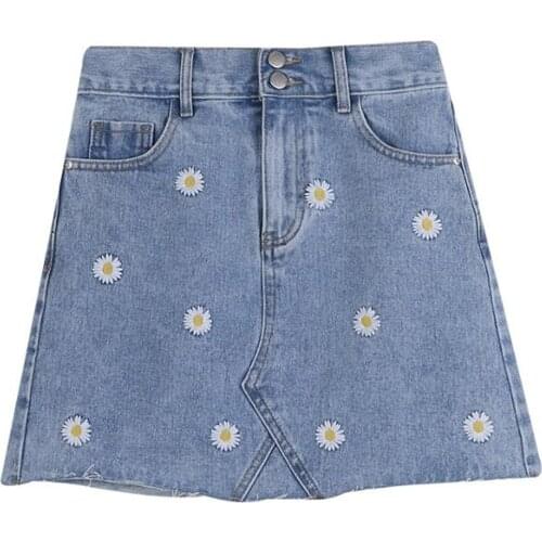 Women Summer Blue Floral High Waist Pencil Denim Skirts Saia Jeans High Street Pockets Button All-matched Casual Jeans Skirt