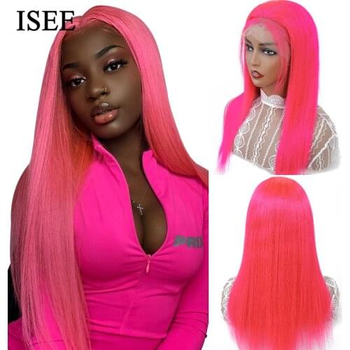 ISEE HAIR Straight Lace Front Wig With Baby Hair Blue/613 Blonde Lace Front Human Hair Wigs Remy 150%Density Pink Lace Front Wig