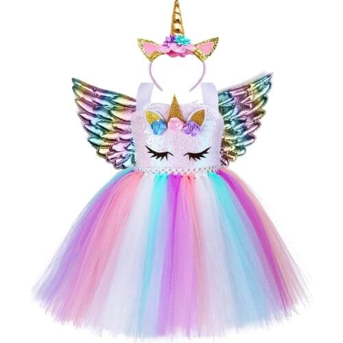 Halloween Girl Unicorn Birthday Party Tutu Dress With Headband Wings Kids Girls Flowers Sequin Pony Theme Costume Clothes Outfit