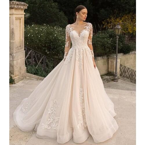 Long Sleeve Lace Wedding Dresses Sexy V-neck Button Back Ball Gown Luxury Lace Vestido De Noiva Robe De Mariee