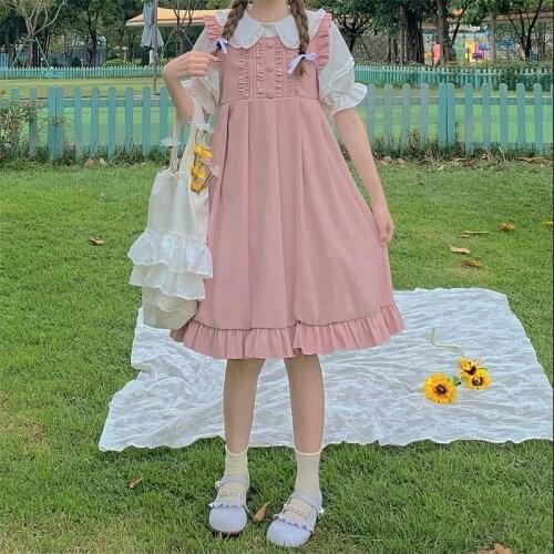Japanese Kawaii College Style Soft Girl Sweety Lolita Dress Square Collar Ruffles Sleeveless Dress Party Cosplay Camisole Dress