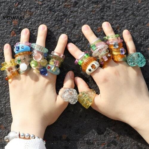 Vedawas Trendy Colorful Acrylic Resin Rhinestone Transparent Rings for Women Korean Cute Shiny Finger Egagement Rings Jewelry