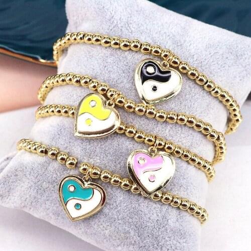 10Pcs Fashion bracelet,Colorful Yin Yang Heart Enamel Tai Chi charm with copper beads bracelet,handmade bracelets