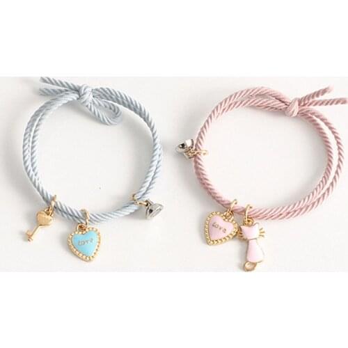 Cartoon Magnetic Couple Bracelets with Cat Love Heart Pendant Cute Mutually Attractive Friendship Rope Gifts for Friend