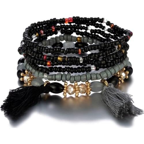 New Bohemian Wrap Charm Tassel Pendant Elastic Multilayer Acrylic Bead Bracelets for Women Wedding Party Costume Jewelry Gift