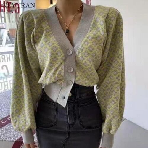 Autumn V Neck Ruff Sleeve Knitted Cardigan Female Chic Print Women Sweater Jacket 2021 Single-breasted Pull Femme Knitwear Tops
