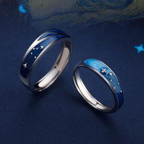 2 Pieces/Set Silver Color Couple Rings Fashion Wedding Bride Bridegroom Jewelry Starry Sky Rings Anniversary for Best Friends